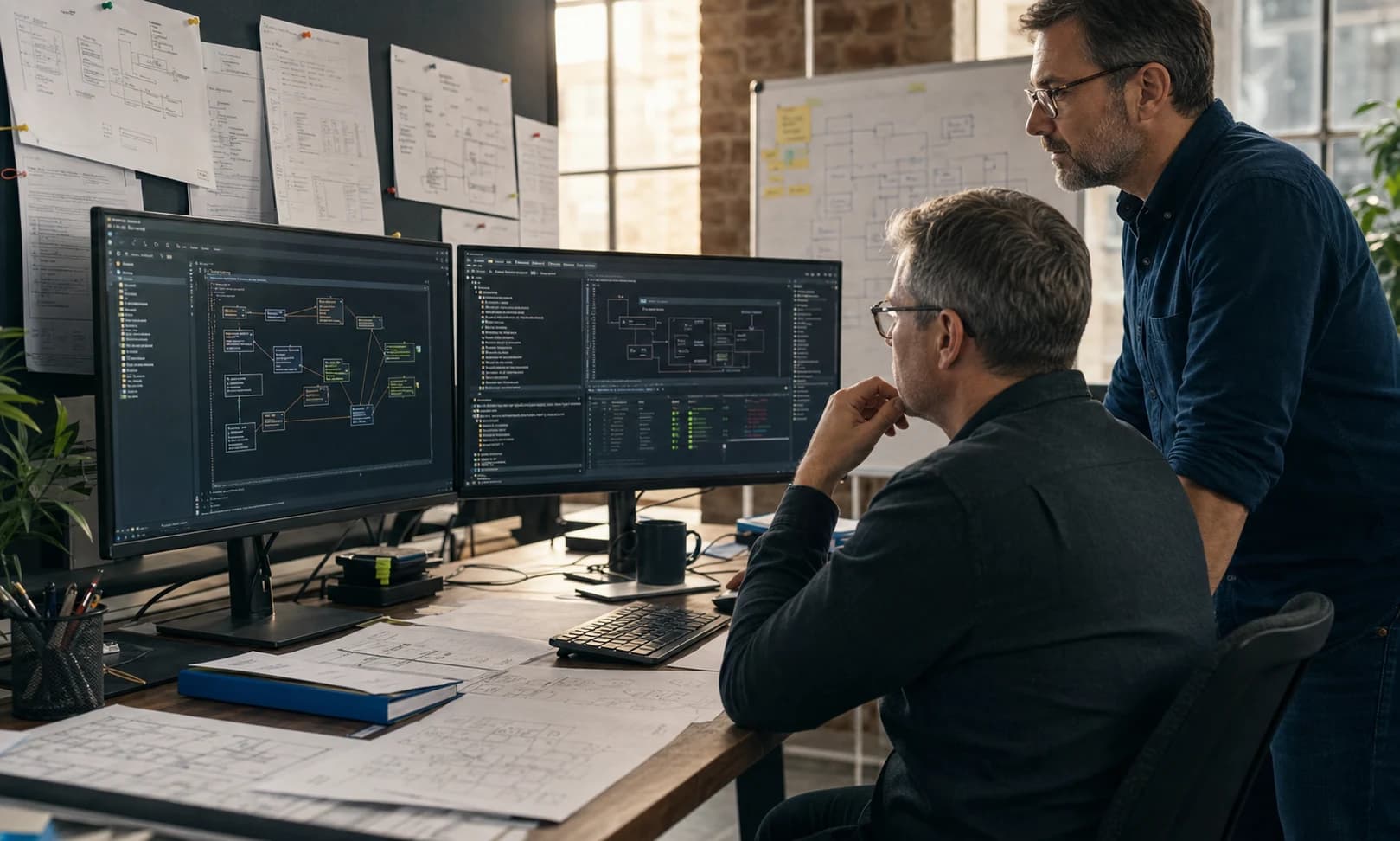 Two senior engineers reviewing dependency graphs and architecture plans for a legacy application modernization