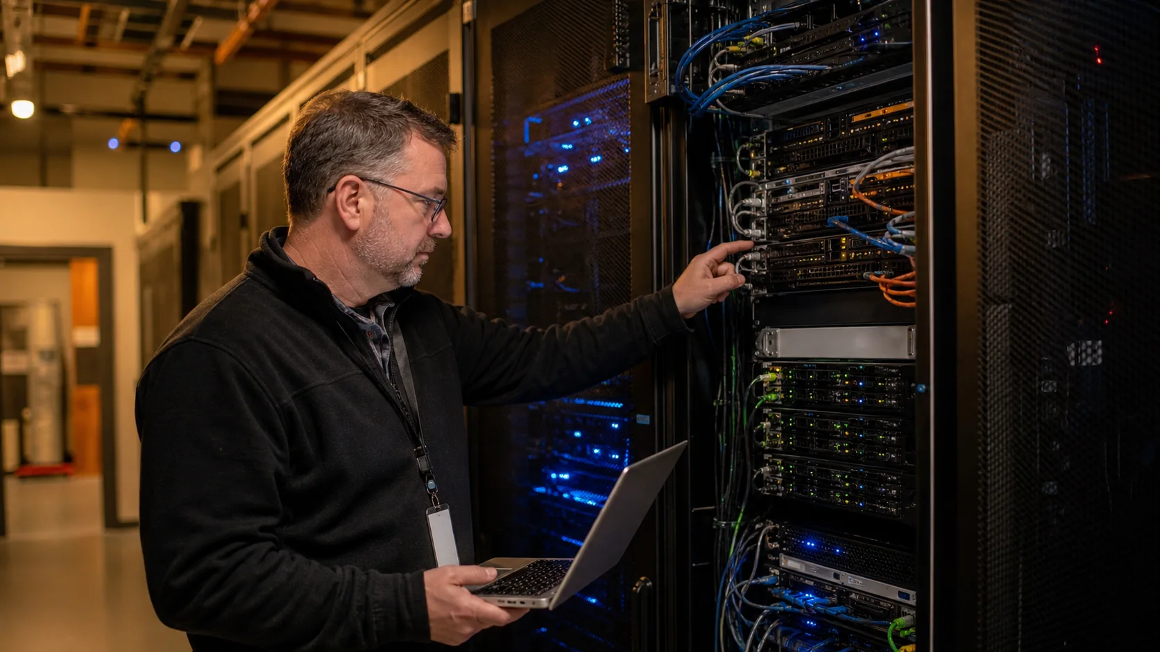 Infrastructure engineer inspecting compute, network, and storage systems